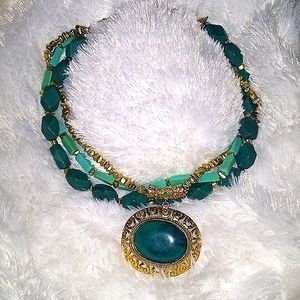 Gorgeous Stone Acrylic Beaded Necklace Chunky Turquoise Teal Green Gold Beads